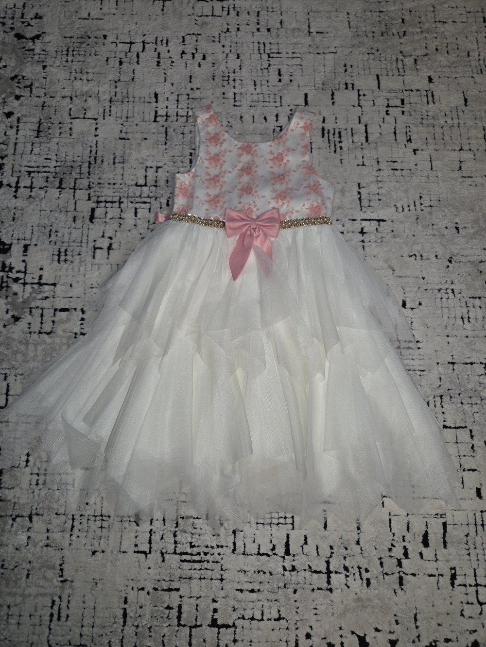 Pink Floral Bodice White Tulle Girls' Dress with Pink Bow